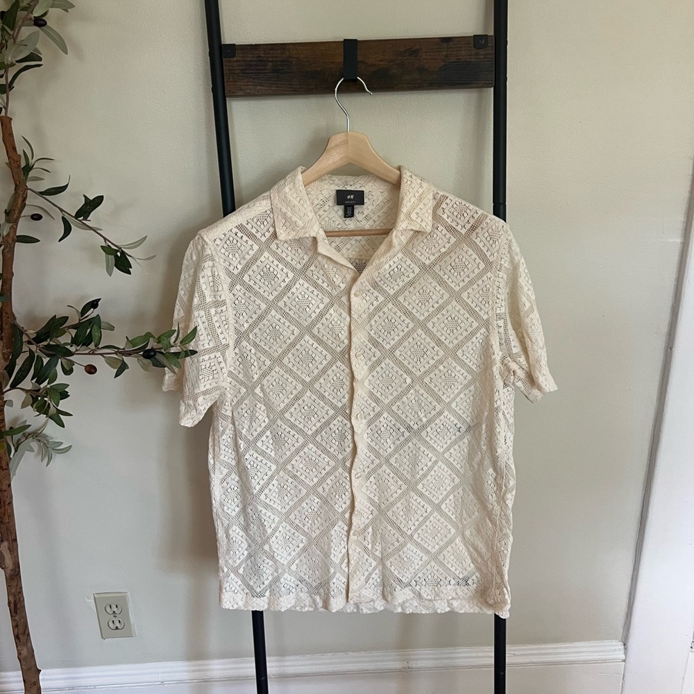 H&M Men's Beige Lace Button Down Shirt